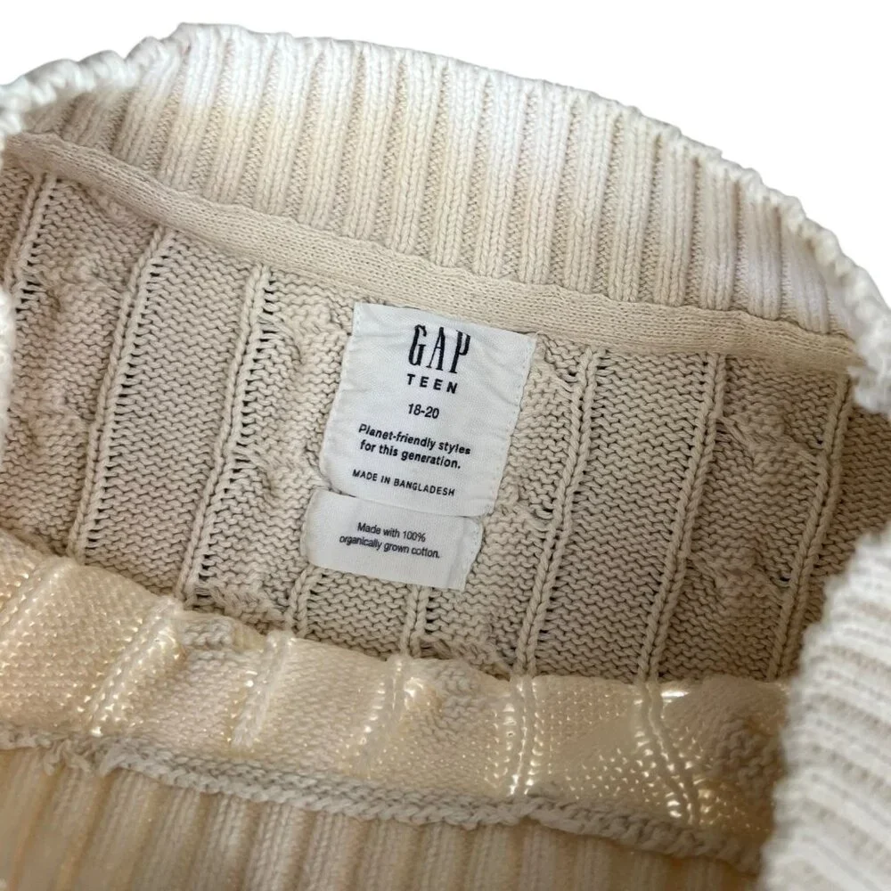 Gap Teen Cable Knit Oversized Fisherman Sweater‎ Cream 18 / 20 XL Organic Cotton